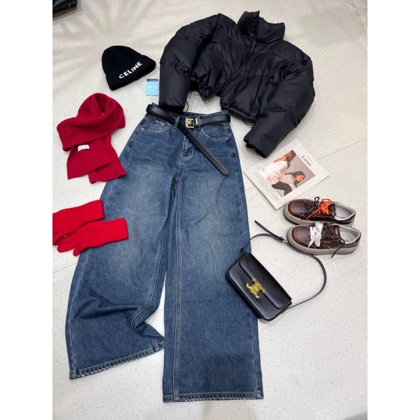 【柏林蓝】美式复古高腰直筒阔腿牛仔裤阔腿裤2025新款宽松拖地裤