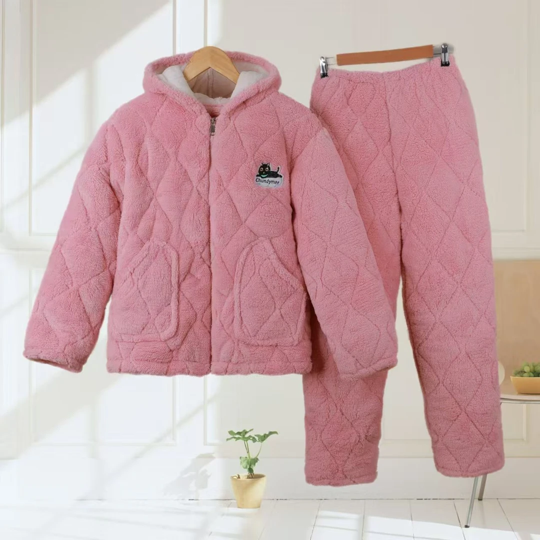 连帽拉链睡衣女士冬季三层加厚夹棉珊瑚绒法兰绒保暖秋冬天家居服