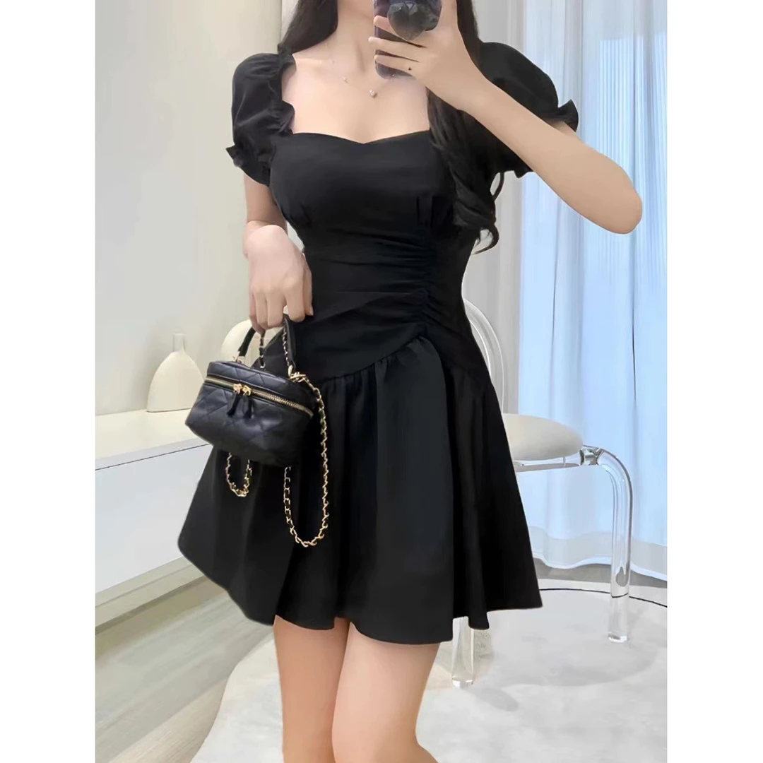 31560法式气质甜美收腰显瘦泡泡袖方领大码连衣裙夏季新款a字裙