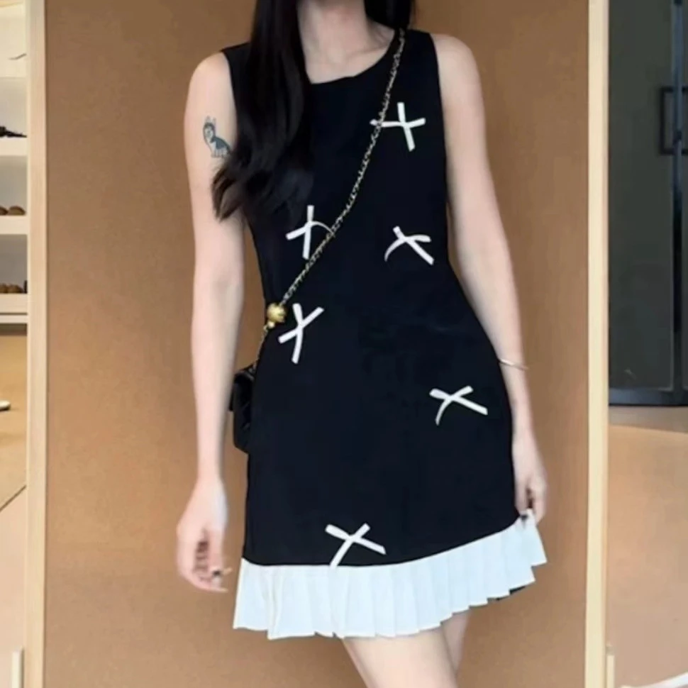 31580胖mm大码连衣裙圆领立体蝴蝶结气质无袖收腰显瘦夏季新款裙