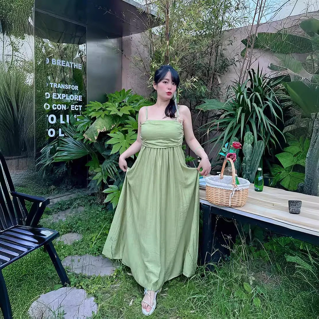 37008茶歇方领泡泡袖大码连衣裙夏季新款清新温柔短袖吊带裙子