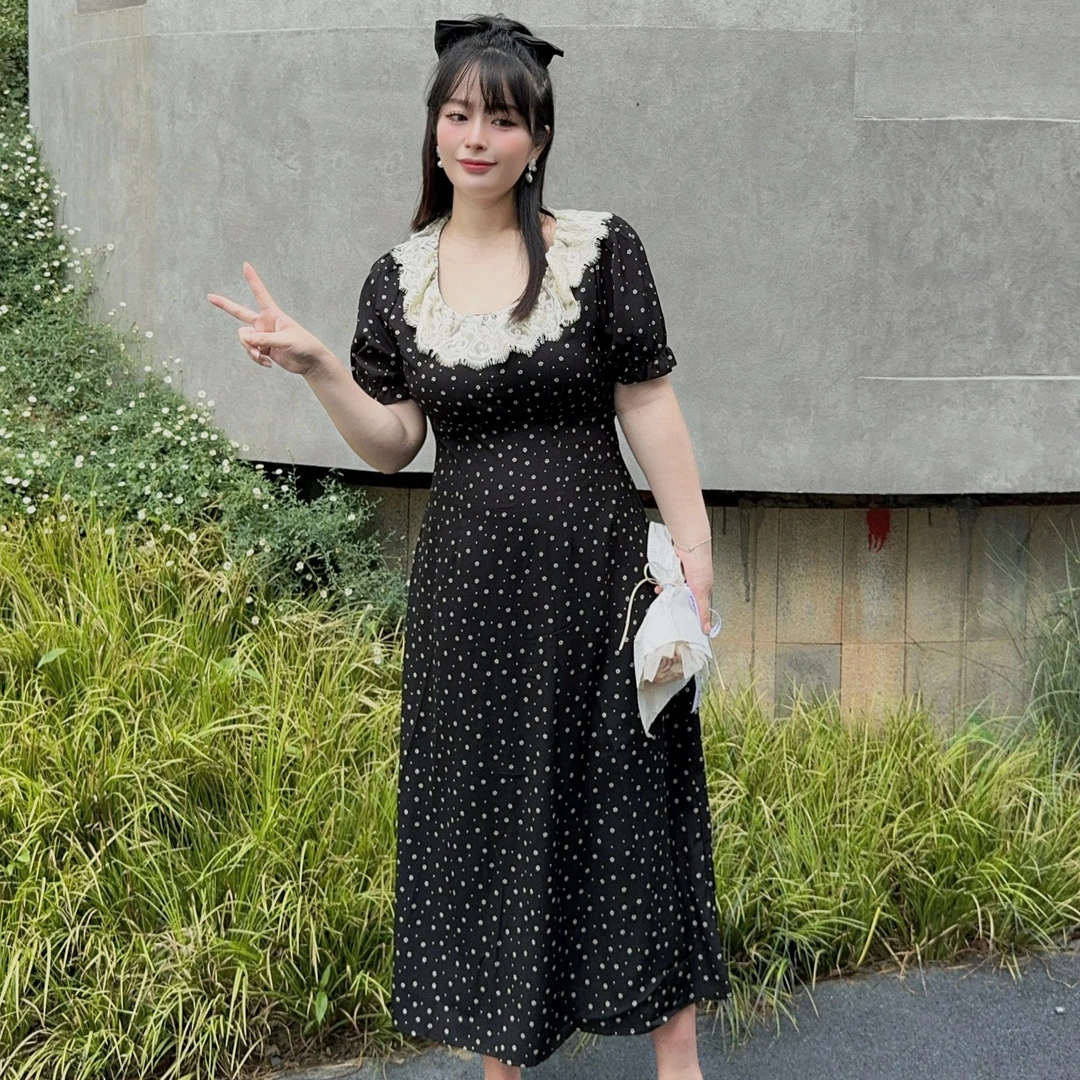 37251夏季新款胖MM大码黑色碎花法式圆领显瘦连衣裙