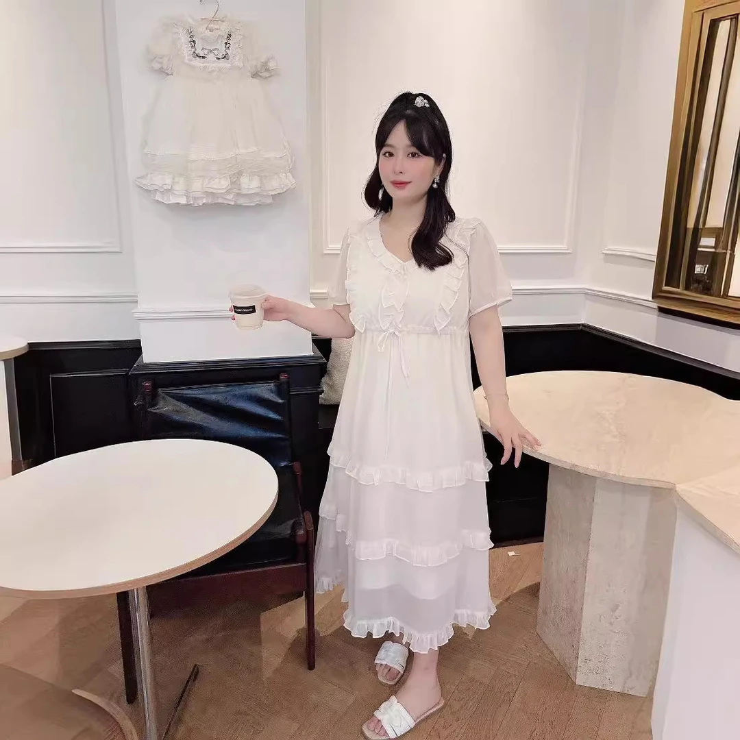 37055胖mm大码连衣裙夏季新款清新甜美气质荷叶边高级感收腰裙子