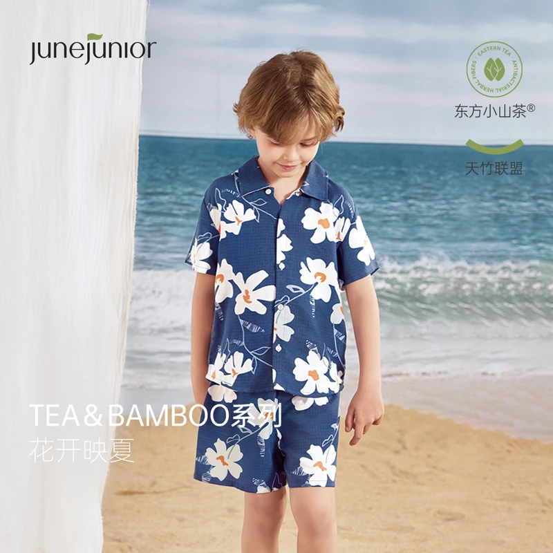 junejunior儿童短袖套装男女童透气纱布夏季薄款家居服睡衣夏装