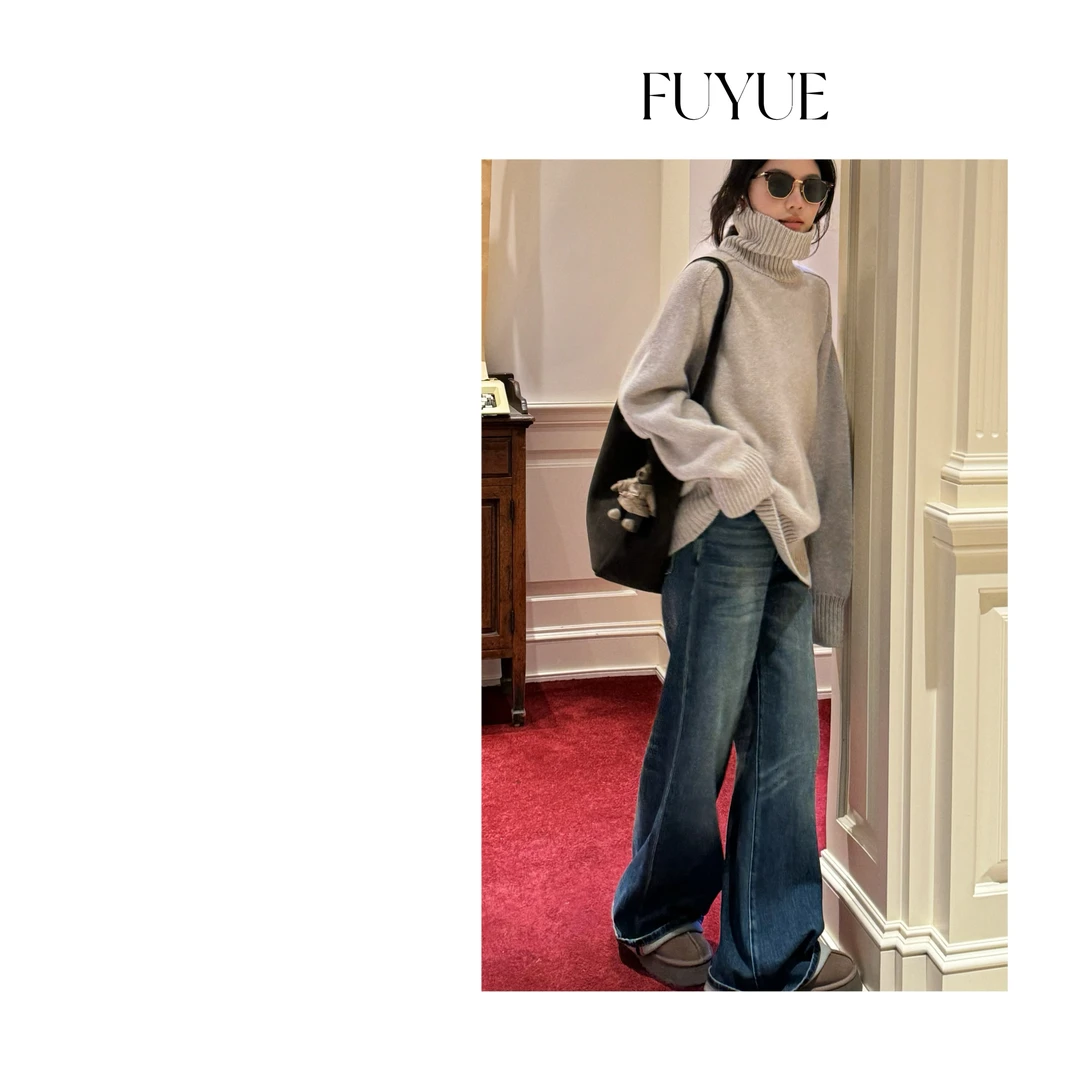 FUYUE赴约 品质蓝色阔腿牛仔裤时尚休闲宽松百搭冬季慵懒
