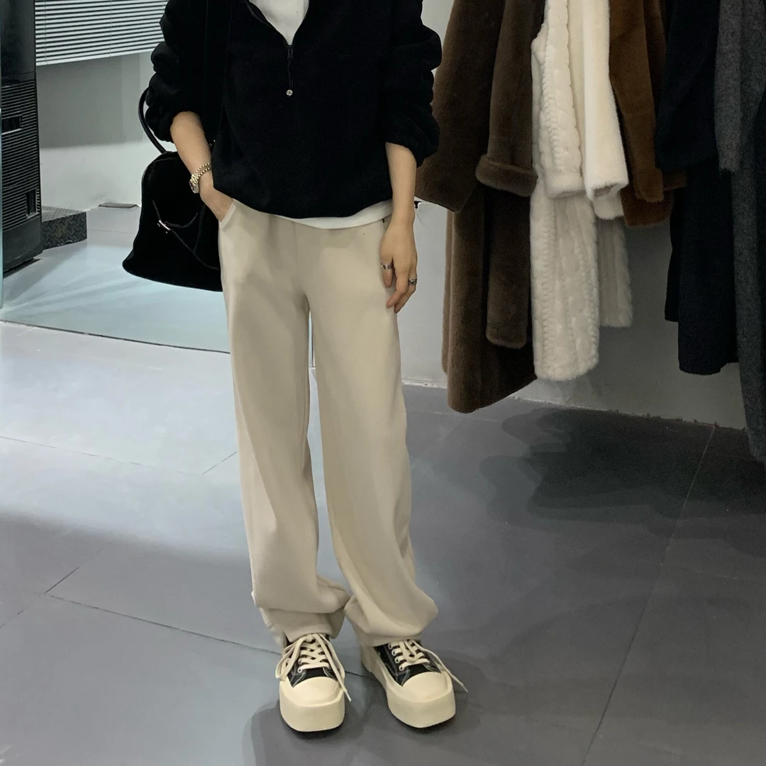 FUYUE赴约     品质奶茶色小开衩休闲卫裤休闲裤时尚纯色百搭秋季