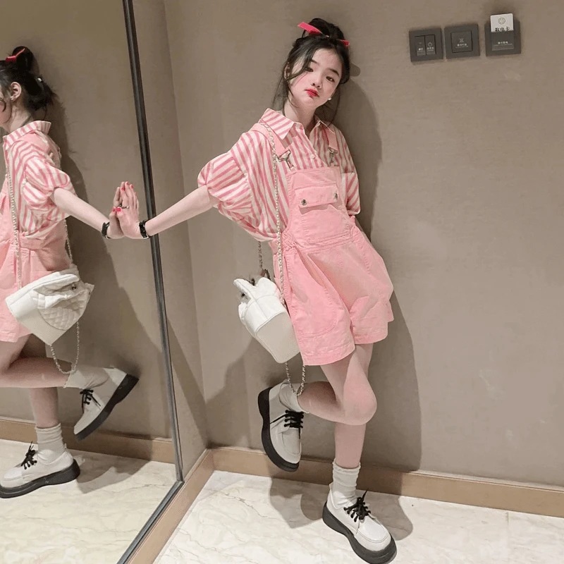 女童夏装套装2024新款时髦女中大童背带裤短袖两件套夏季女孩洋气