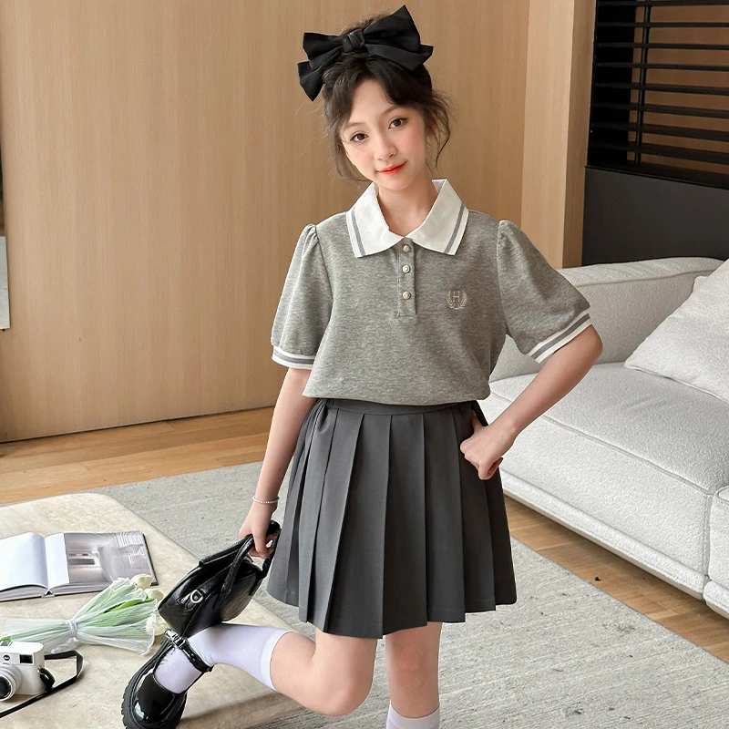 女童夏款2024新款女中大童学院风小女孩polo衫短袖百褶短裙两件套