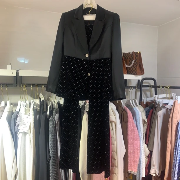 005【品牌折扣］西装外套女装复古英伦风拼接修身丝绒西装