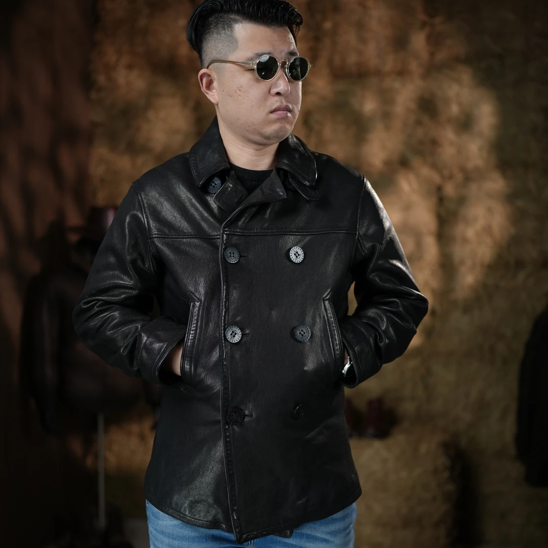 A版(1.8米以下拍)重水洗海军740全植鞣厚山羊皮男士复古真皮皮衣