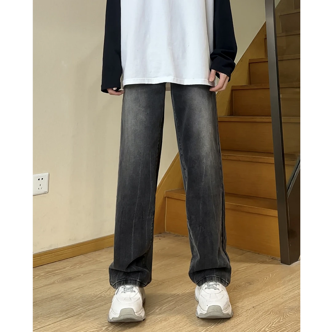 美式灰色水洗扎染裂纹宽松直筒牛仔裤男休闲ins潮流高街百搭长裤