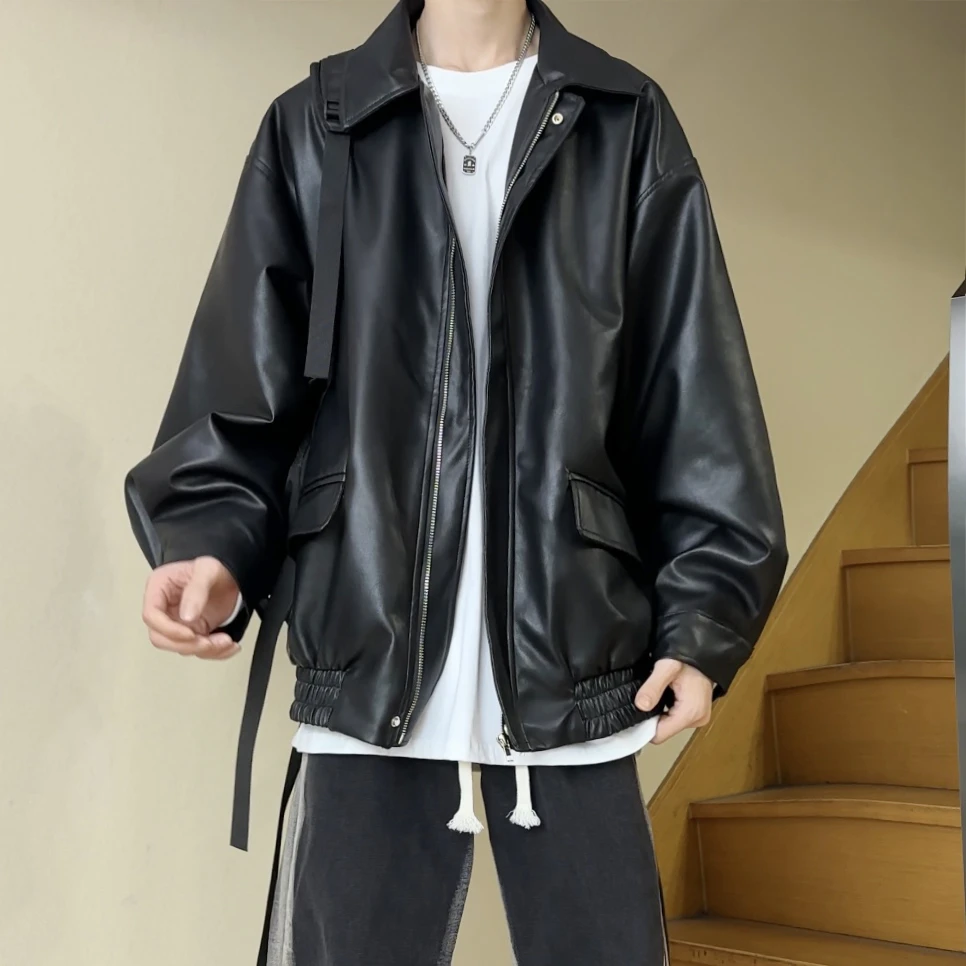 美式休闲春秋机车服PU皮衣男女ins痞帅韩版宽松百搭皮夹克外套潮