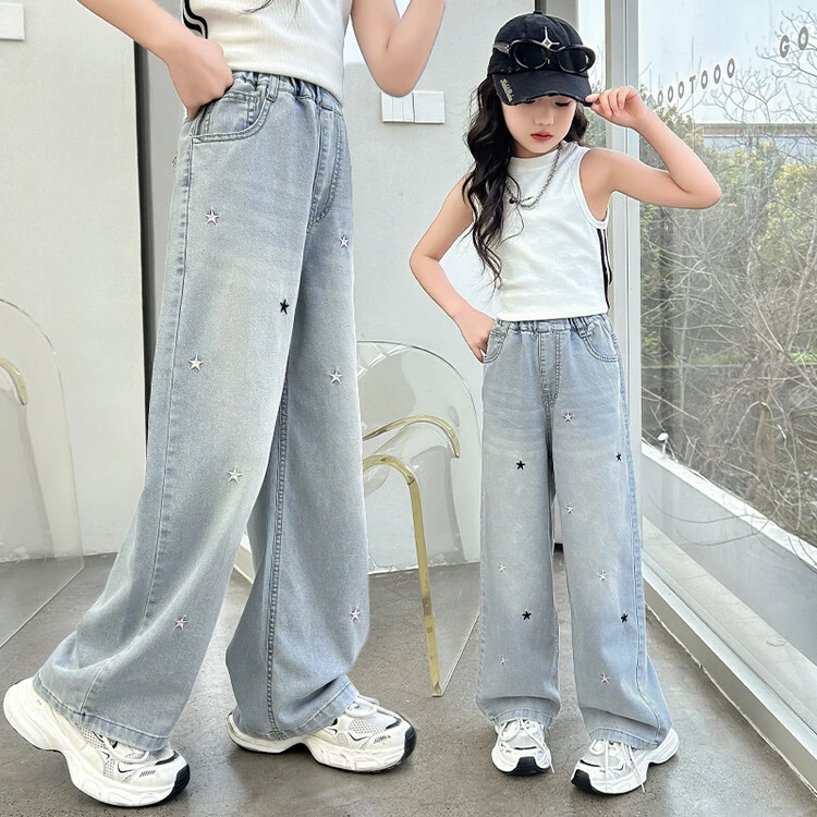 女童天丝透气阔腿长裤夏款2024新款星星绣花松紧裤腰直筒显瘦裤子