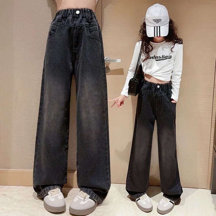女童黑色直筒牛仔裤2024春秋潮新款儿童阔腿裤中大童女孩春装裤子
