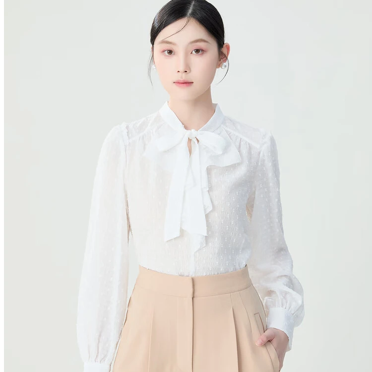 【商场同款】1300982飘带衬衣 新款女装浪漫风荷叶边百搭素色气质