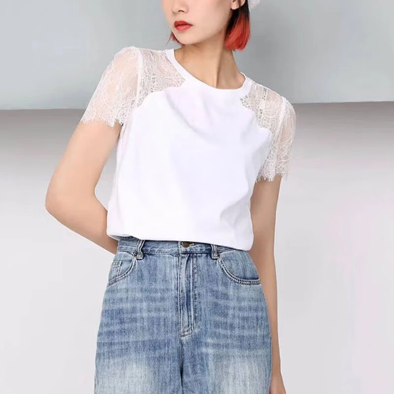 【商场同款】5300653蕾丝t恤G家女装夏季新款气质拼接圆领短袖T恤女