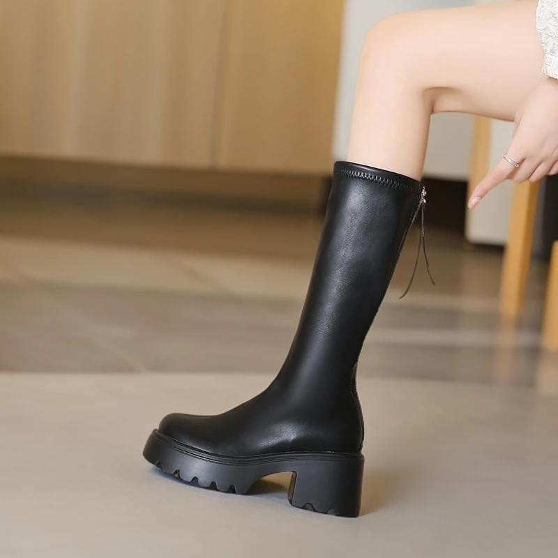 复古不过膝长靴女秋冬季小个子增高V口显瘦骑士靴女英伦风瘦瘦靴