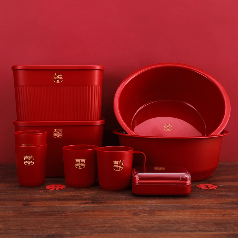 陪嫁红盆结婚漱口杯床刷娘家喜盆漱脸盆毛巾托盘牙刷嫁妆皂盒备婚