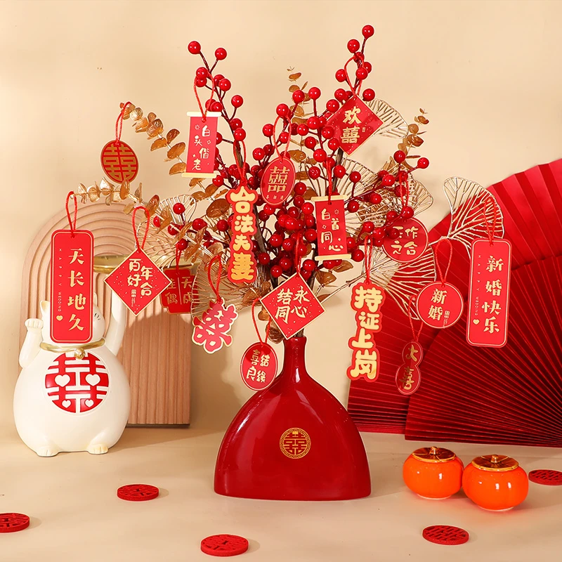 婚庆用品陶瓷花瓶订婚装饰摆件红豆挂满枝结婚摆件新婚手工摆件
