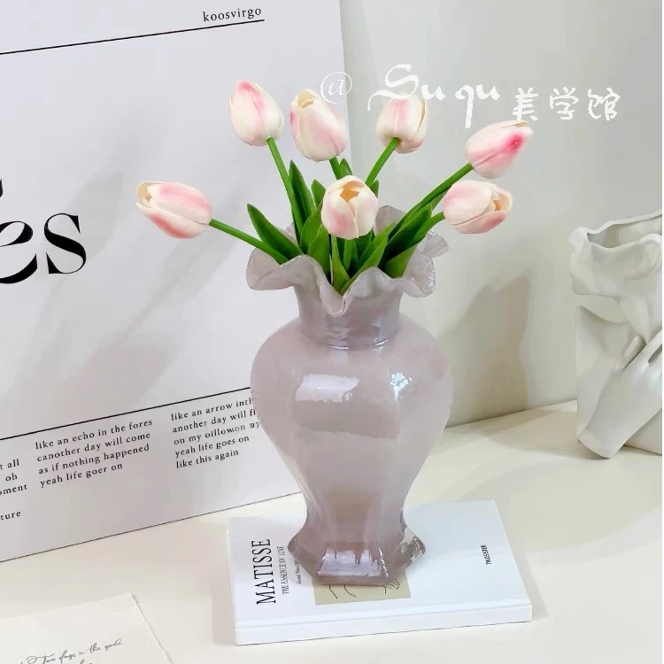 法式粉色芬顿玻璃花瓶插花花瓶客厅家用摆件花瓶轻奢美人瓶