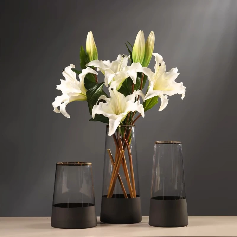 描金透明玻璃花瓶客厅家居摆件花器装饰创意简约北欧水养插花黑纱