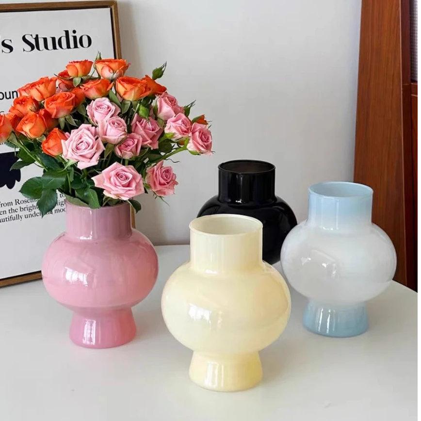 中古芬顿高颜值玻璃花瓶法师ins风奶玉色客厅插花摆件高级感花瓶