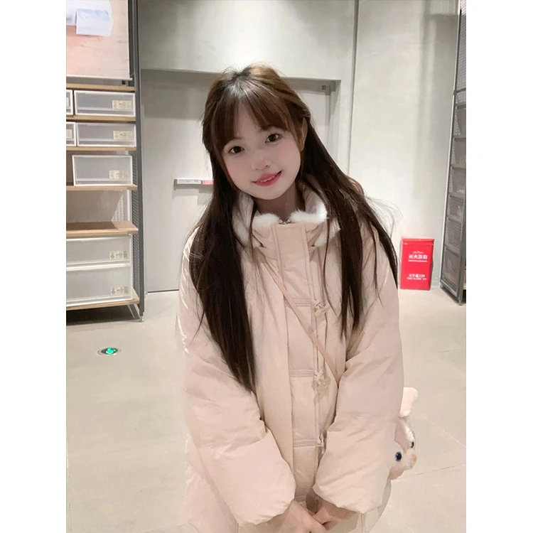 甜妹牛角扣粉色立领连帽毛领棉服女冬季新款学院风百搭宽松棉衣潮