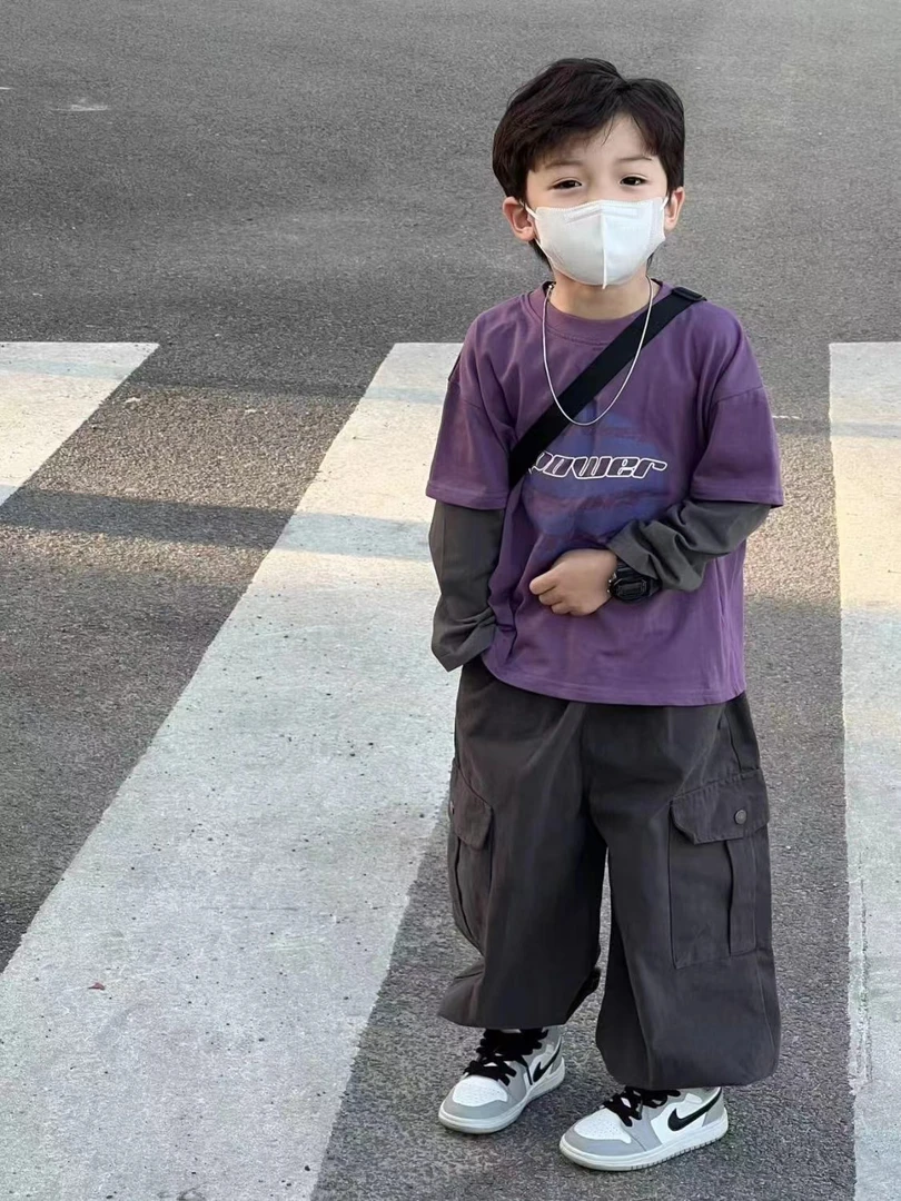 男童长袖T恤工装裤套装中小童印花T恤纯色休闲长裤两件套