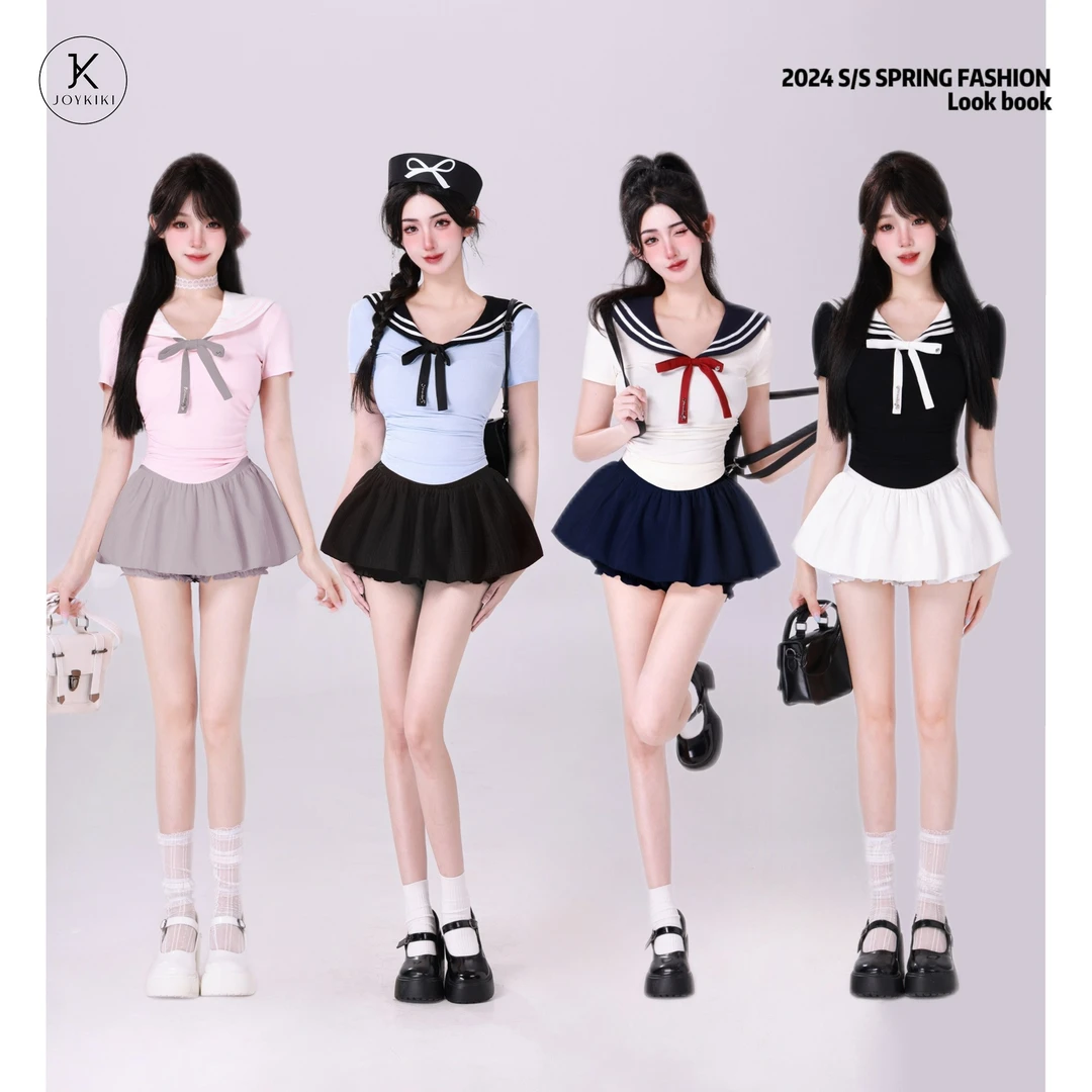 JOY KIKI金金【海派甜心】学院风辣妹海军领拼接撞色上衣J24B082