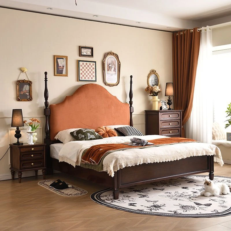 法式床1.8米双人床中古风床卧室家具美式床简约婚床布艺床