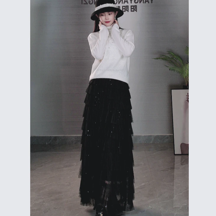 黑天鹅105030轻奢重工刺绣半身裙A字显瘦显高百搭高腰蛋糕裙新