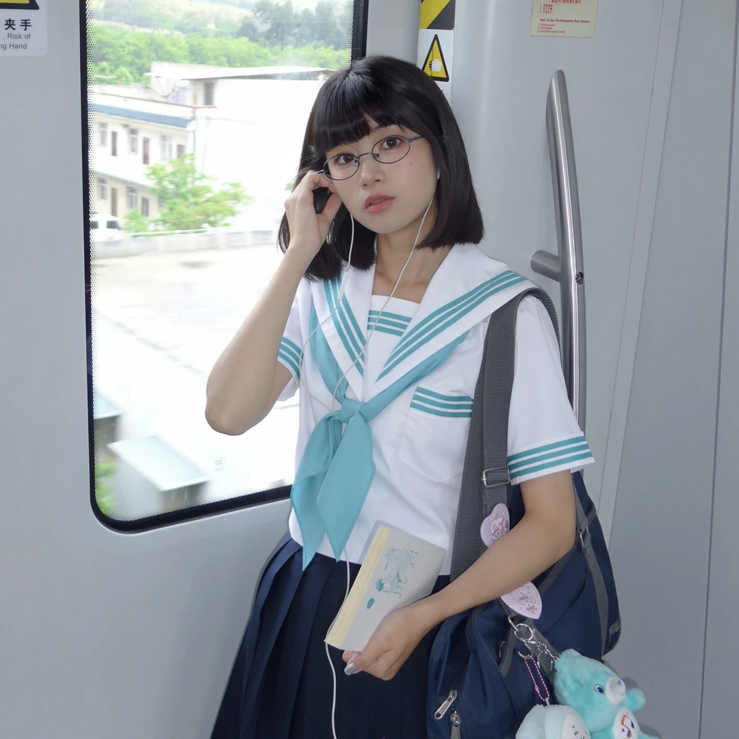 原茵夏季关西襟满襟线夏服水手服上衣短袖基础款TC面料三本校供感