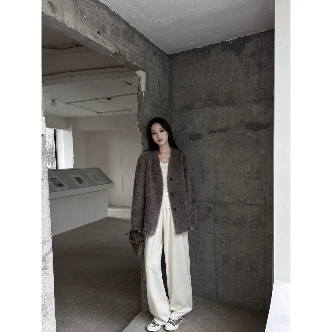 5werkwen 实穿挂 羊毛v领皮草宽松加厚毛外套