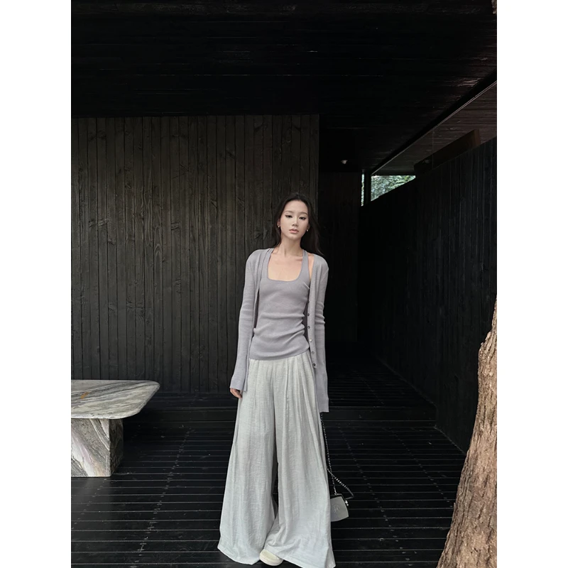 5werkwen 雾灰阔腿裤肌理皱感荡荡裤