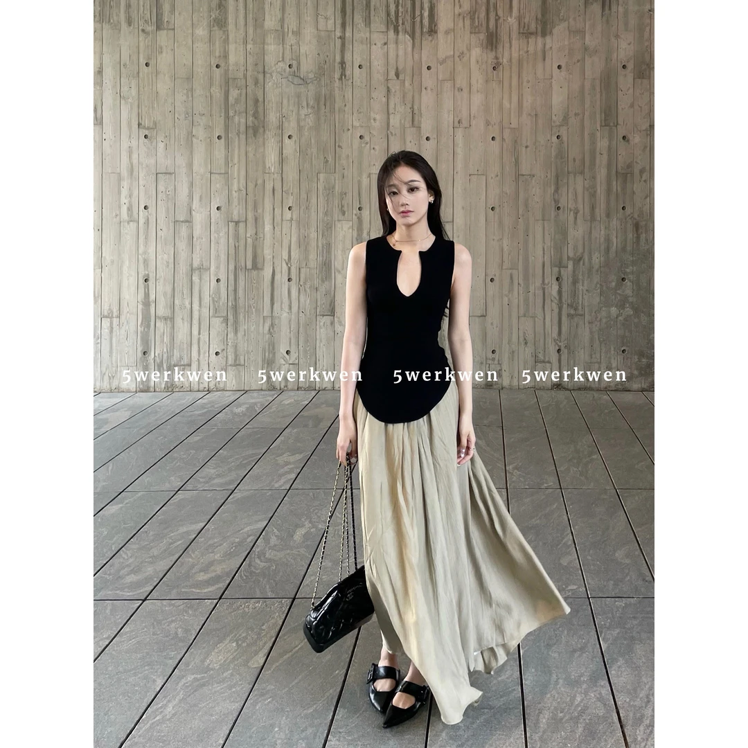 5werkwen U领针织背心/ 简约慵懒高腰遮胯杏仁裙套装