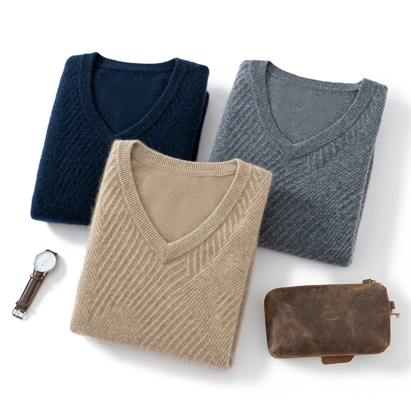 100%羊绒套衫大码V领男士常规款加厚男款厚款v领纯色时尚针织