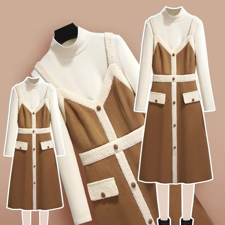 小香风连衣裙女秋冬2024新款高级感气质减龄T恤吊带裙两件套0024