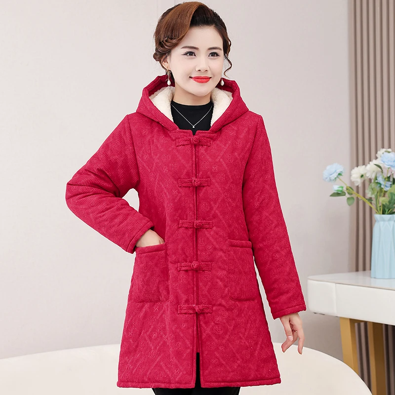 A820新款冬季加绒棉袄中长款棉衣中老年妈妈装复古盘扣棉服外套