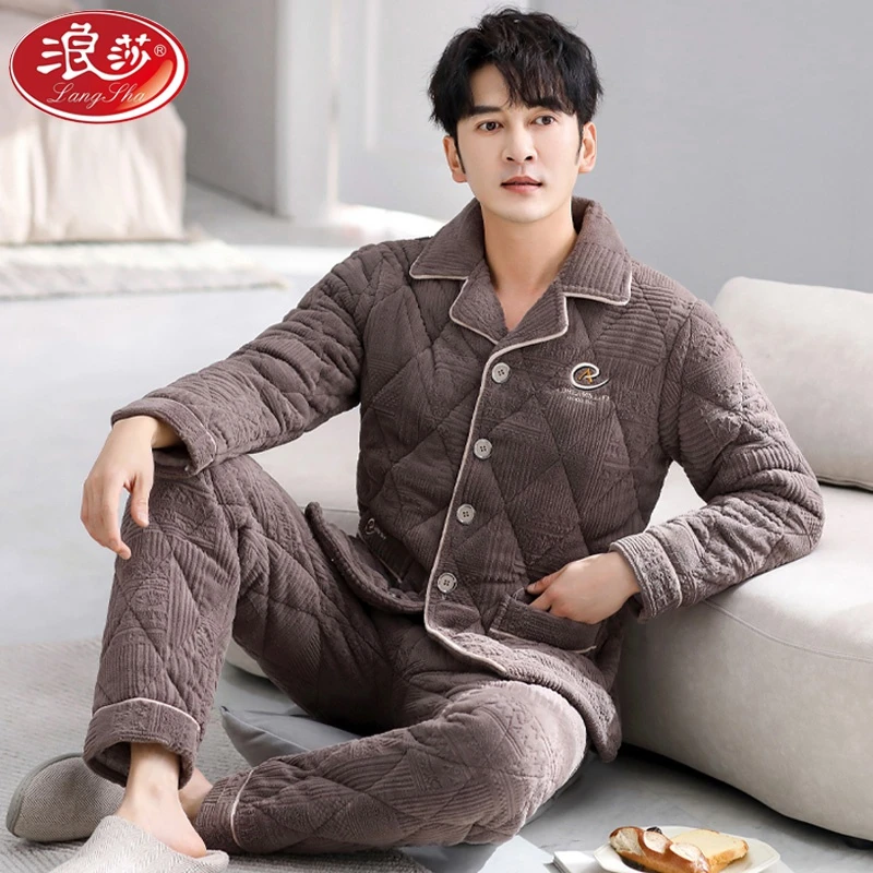 浪莎男睡衣冬季珊瑚绒三层加厚青年中年保暖法兰绒夹棉家居服套装