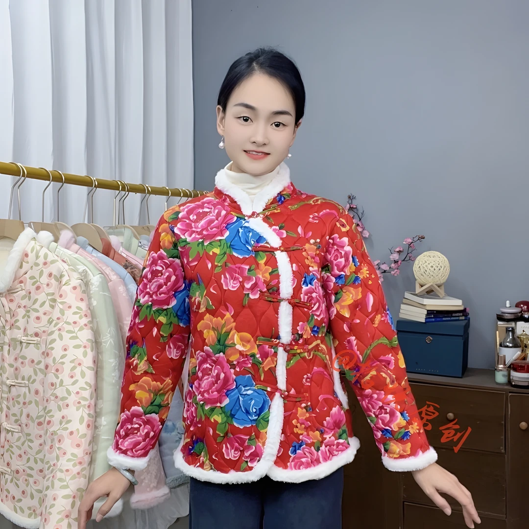 中老年人东北大花棉服女妈妈装盘扣唐装秋冬棉袄加绒国风网红复古