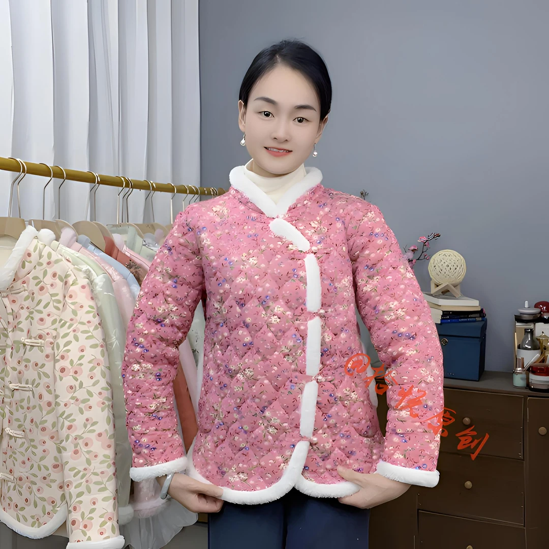 花棉袄秋冬女东北大花国风唐装碎花珍珠扣加厚复古小花袄过年网红