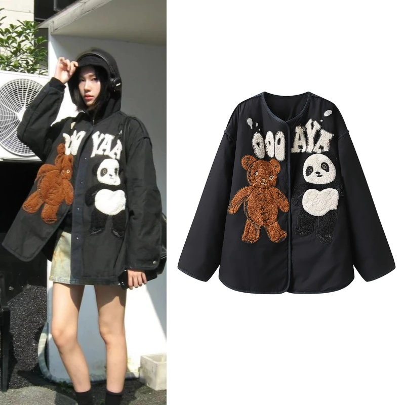 【Y2556】冬季新款熊玩偶经典复古卡通手刺绣花熊猫棉服宽松外套女