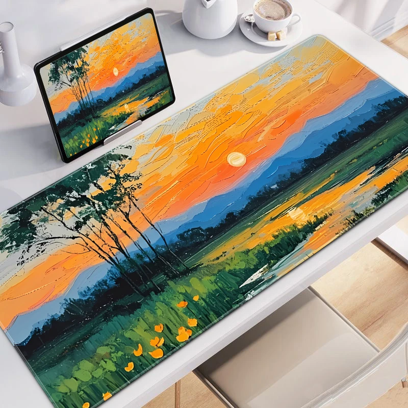 简约油画鼠标垫超大号顺滑书桌工位桌垫电脑键盘防滑垫风景可定制