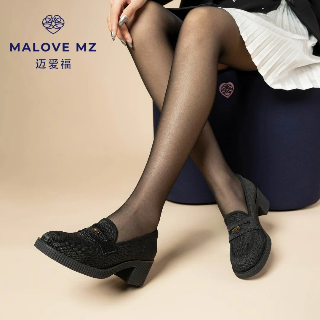 MALOVEMZ甜美复古时尚女士圆头玛丽珍女鞋秋季粗跟乐福鞋21D28-3