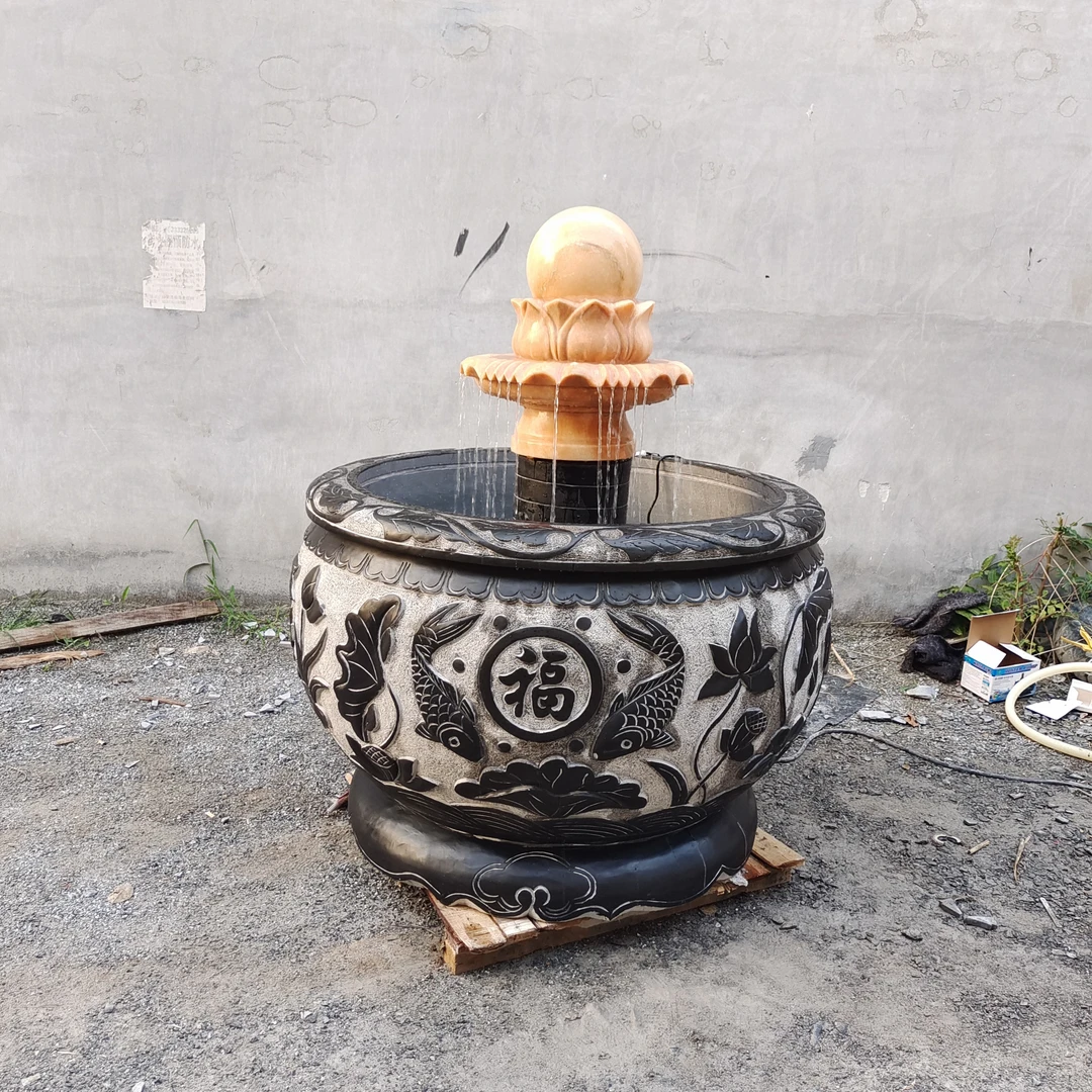 石雕鱼缸流水摆件 风水球喷泉鱼缸 青石荷花鱼缸花盆