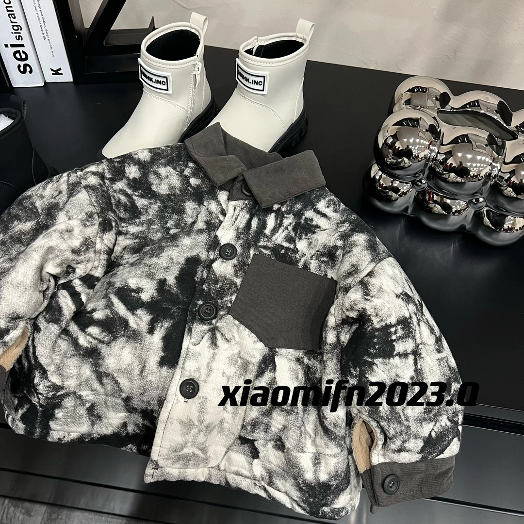 XIAOMIFN韩版男童2023冬季新款加绒水墨画扎染衬衫儿童外套86133