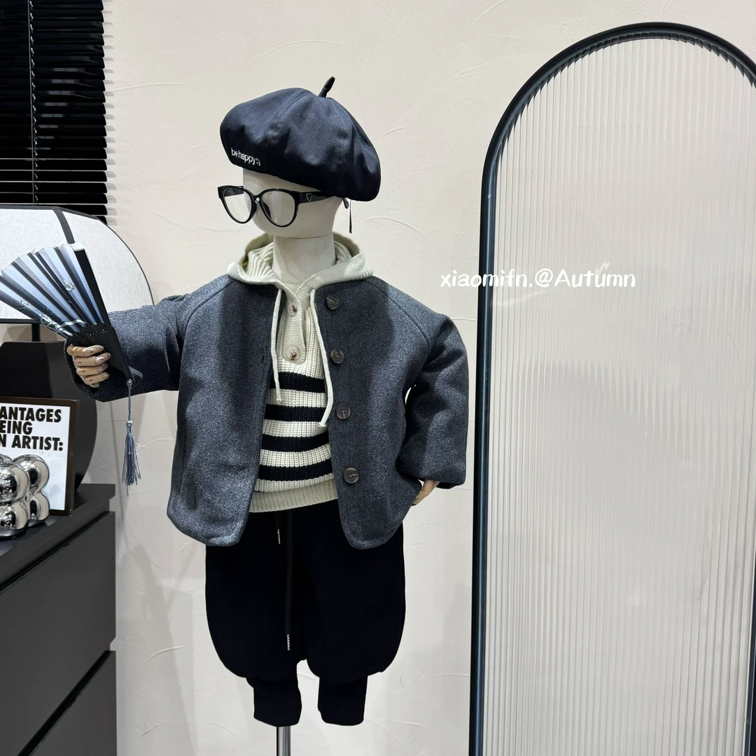 现货〃韩版套装毛呢加棉外套连帽毛衣洋气男童2024秋冬款儿童DMT61