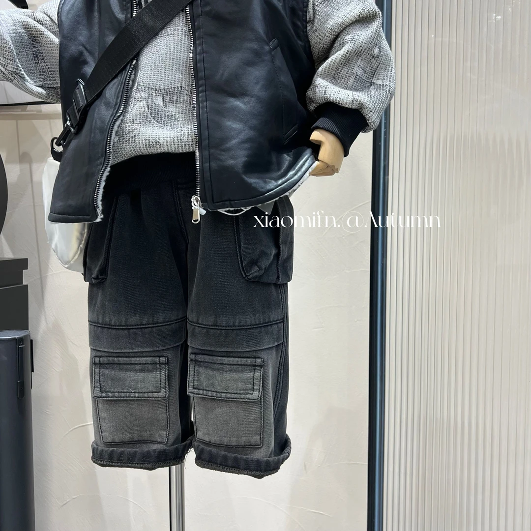 现货〃砂洗工装牛仔长裤韩版男童2024秋冬款时尚儿童洋气85351