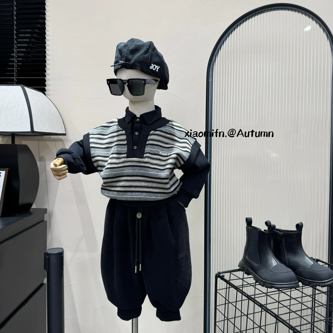 现货〃潮牌拼接韩版男童2024秋冬款印花洋气儿童卫衣痞帅M8003