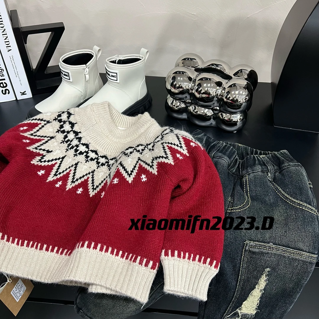 MDD【圣诞candy】韩版男女童2023秋冬新款加绒儿童勾花中领毛衣1628